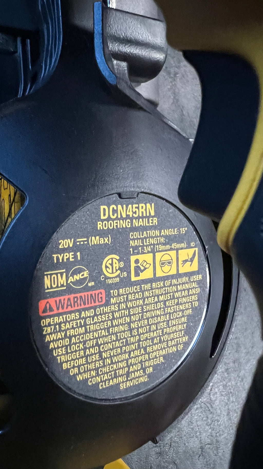 Dewalt DCN45RNB 15 degree coil roofing nailer-used