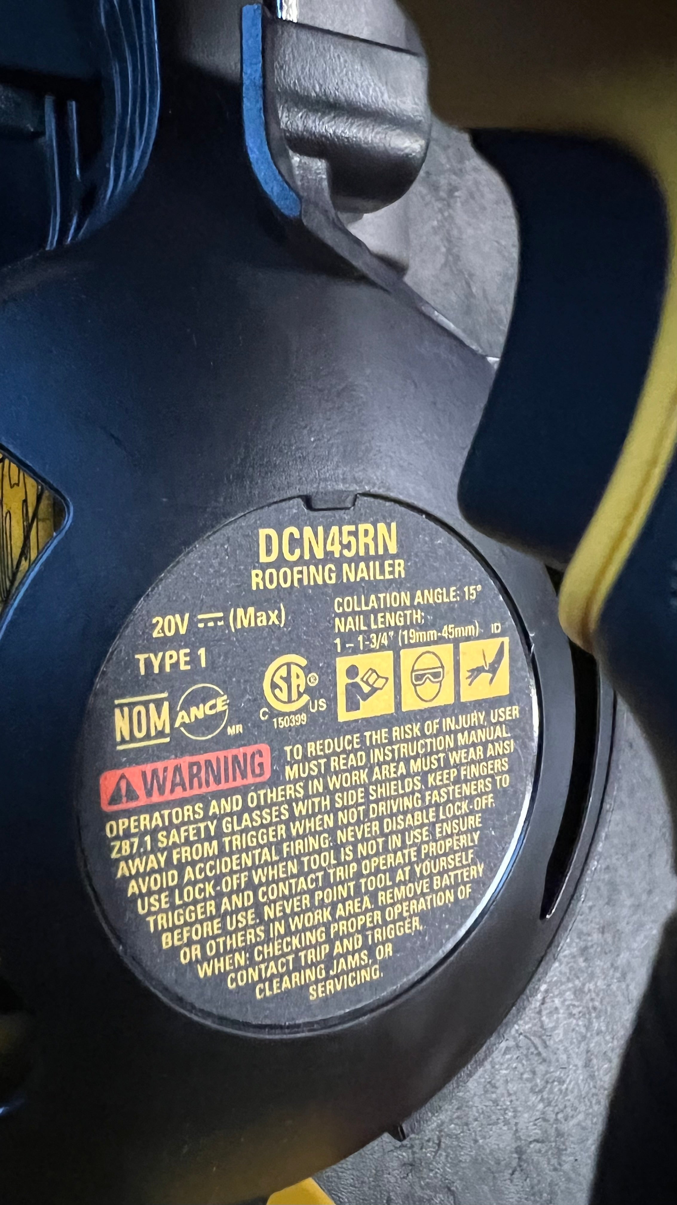 Dewalt DCN45RNB 15 degree coil roofing nailer-used