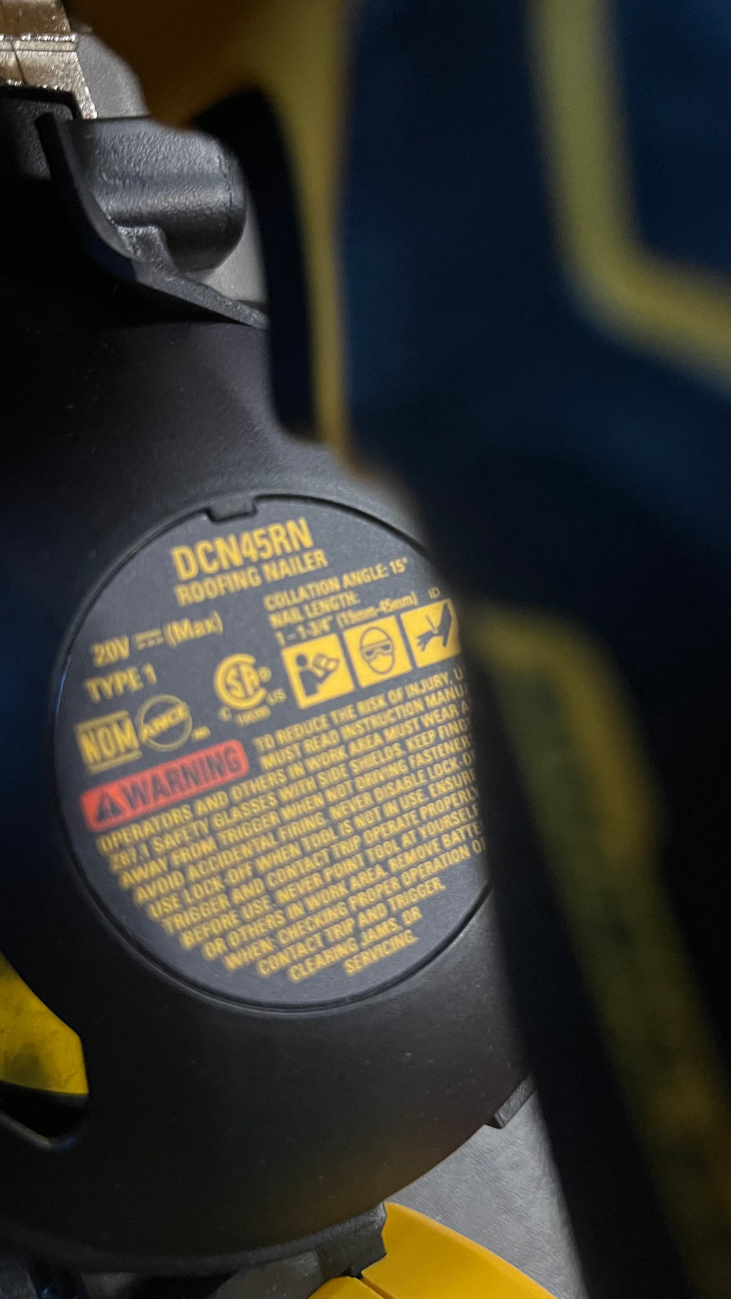 Dewalt 20V Max XR DCN45RNB 15 Degree Coil Roofing Nailer Brushless